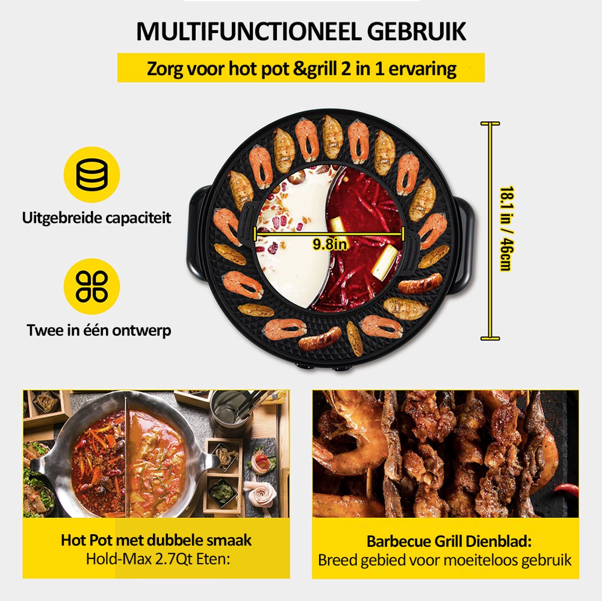 Hot Pot met grill 1800W 2-in-1 elektrische rookloze grill, Koreaanse BBQ-grill Hot Pot met aparte dubbele temperatuurregeling, antiaanbakpan, voor 2-8 personen | NL