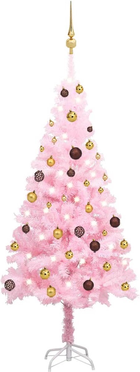 Prolenta Premium - Kunstkerstboom met LED's en kerstballen 150 cm PVC roze