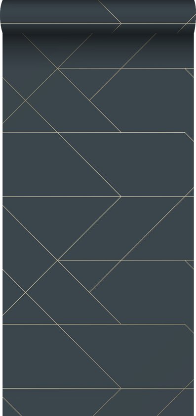 ESTAhome behang grafische lijnen donkerblauw en goud - 139213 - 0,53 x 10,05 m