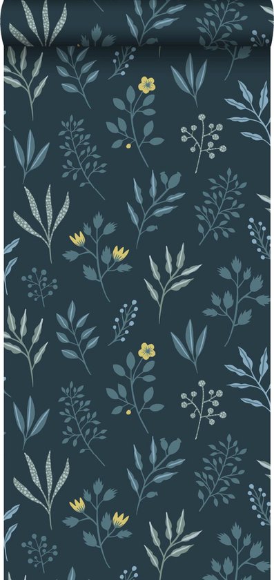 ESTAhome behang bloemmotief in Scandinavische stijl donkerblauw en okergeel - 139082 - 0,53 x 10,05 m