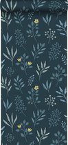 ESTAhome behangpapier bloemmotief in Scandinavische stijl donkerblauw en okergeel - 139082 - 0,53 x 10,05 m