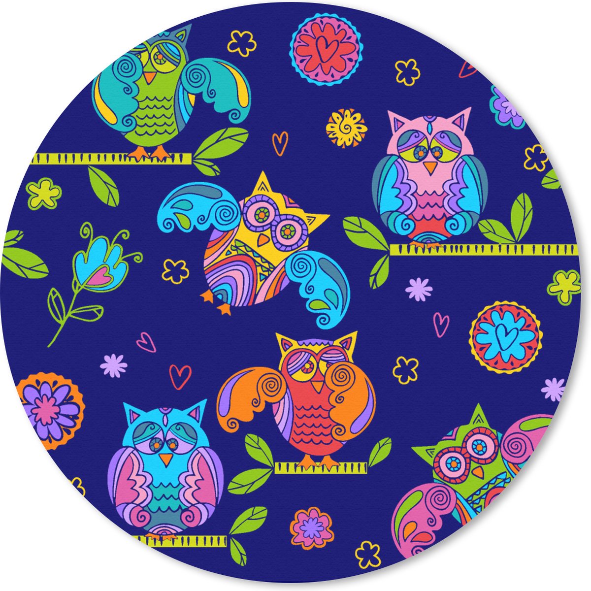 Muismat rond 50x50 cm - Mousepad Patroon - Uil - Takken - Ronde muismatten