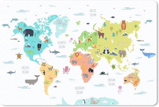 Carte du monde colorée avec des animaux comme un ours brun, un lion, un panda et un éléphant, entourée d'océan et d'oiseaux.
