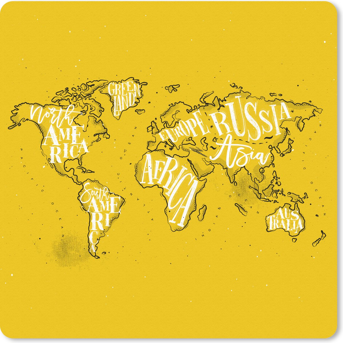 Muismat 20x20 cm - Mousepad Wereldkaart - Geel - Wit - Letters - Muismatten