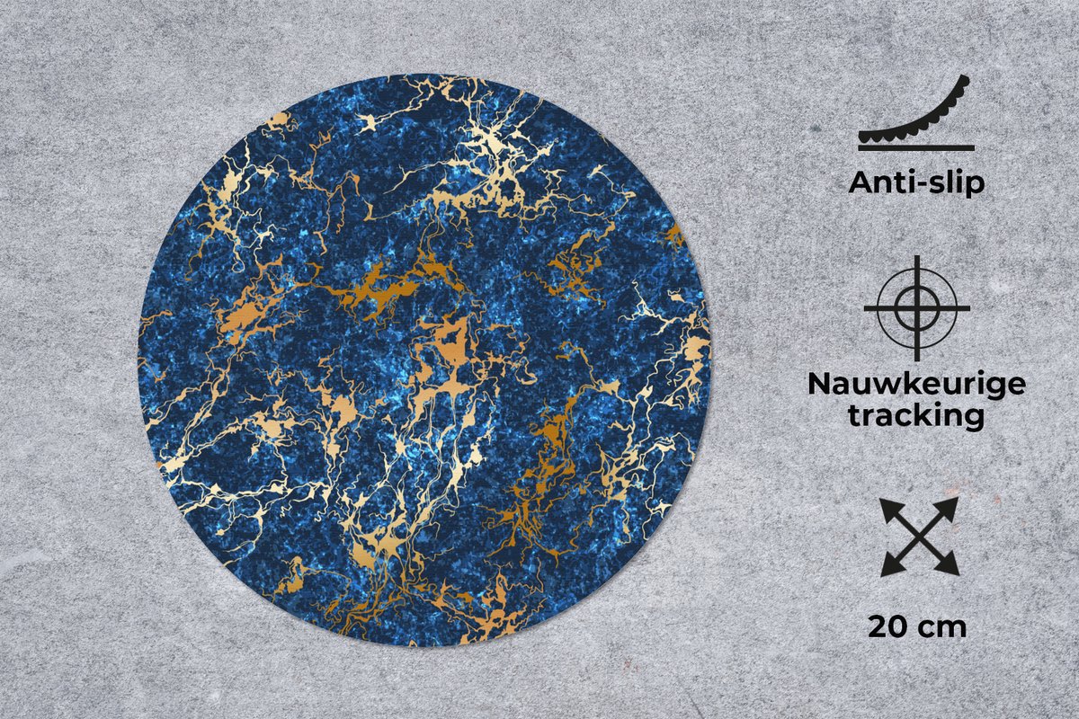 Muismat rond 20x20 cm - Mousepad Marmer - Textuur - Goud - Blauw - Ronde muismatten
