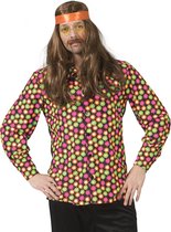 Funny Fashion - Hippie Kostuum - Fluor Flower Power Goes Disco Shirt Man - Geel, Roze - Maat 56-58 - Carnavalskleding - Verkleedkleding