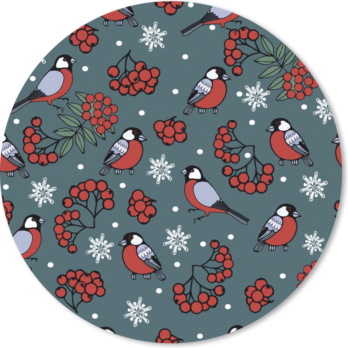 Muismat rond 50x50 cm - Mousepad Vogel - Kerstmis - Sneeuw - Bes - Patronen - Ronde muismatten - Kerst - Cadeau - Kerstcadeau voor mannen en voor vrouwen