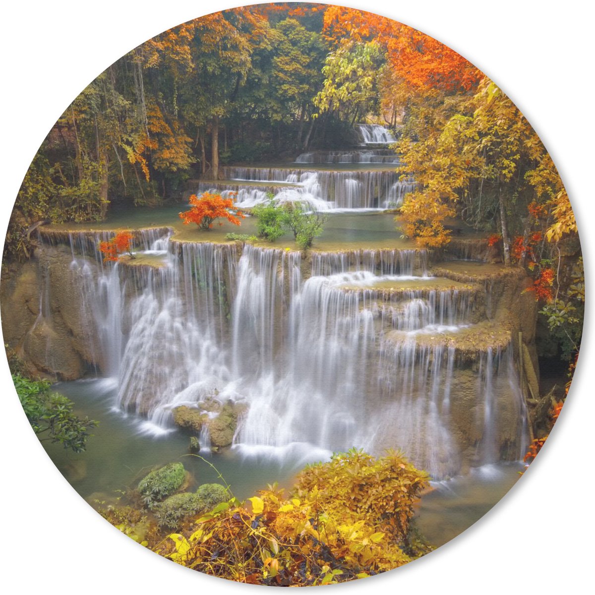 Muismat - Mousepad - Rond - Bomen - Waterval - Herfst - 20x20 cm - Ronde muismat