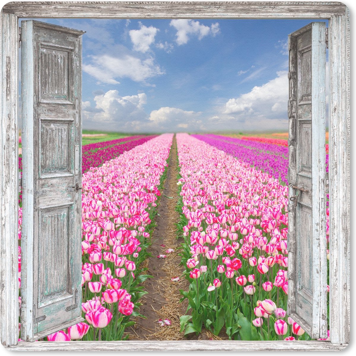 Muismat 30x30 cm - Mousepad Bloemen - Tulpen - Doorkijk - Regenboog - Muismatten