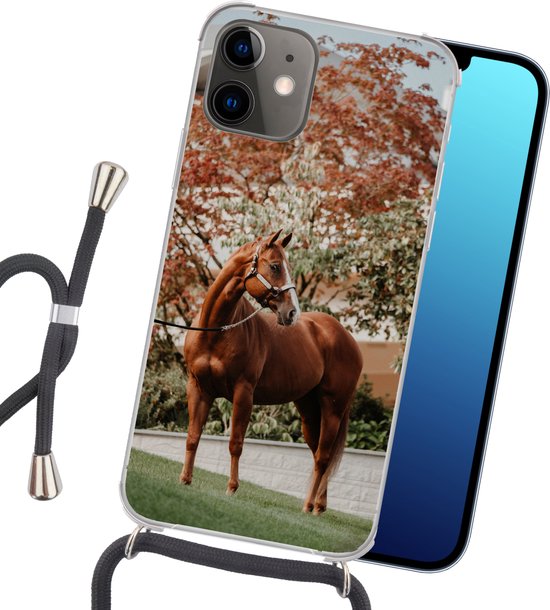 Coque avec cordon iPhone 12 - Cheval - Arbre - Licou - Siliconen - Bandoulière - Coque arrière avec cordon - Coque téléphone avec cordon - Coque avec cordon