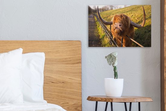 Peinture sur toile Highlander écossais - Clôture - Herbe - 30x20 cm - Décoration murale