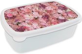 Broodtrommel Wit - Lunchbox - Brooddoos - Bloemen - Roze - Rozen - 18x12x6 cm - Volwassenen