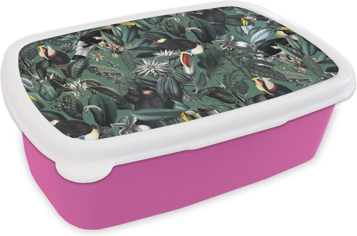 Broodtrommel Roze - Lunchbox - Brooddoos - Bloemen - Vogel- Collage - 18x12x6 cm - Kinderen - Meisje