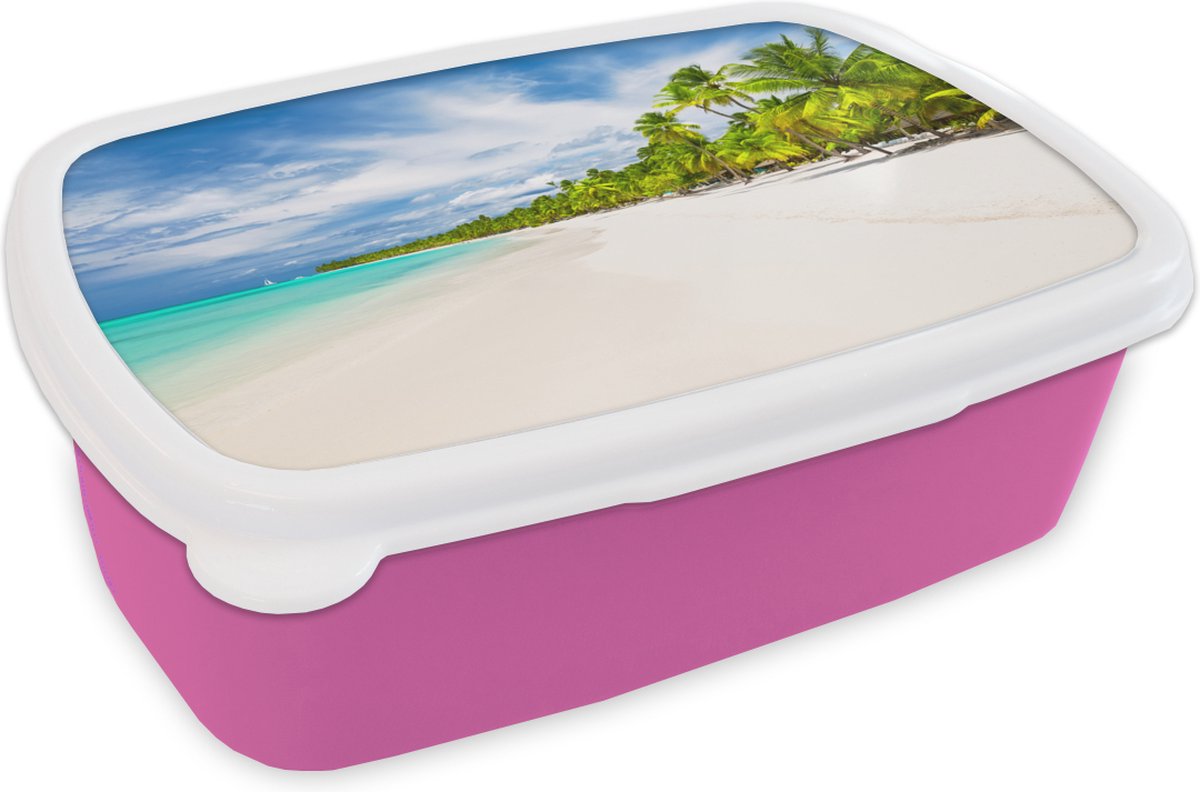 Broodtrommel Roze - Lunchbox - Brooddoos - Strand - Zee - Palmbomen - 18x12x6 cm - Kinderen - Meisje
