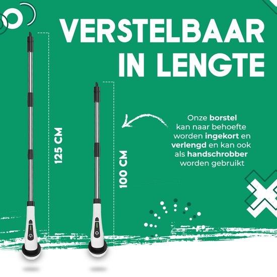 De elektrische schrobborstel is instelbaar in lengte van 100 cm tot 125 cm.