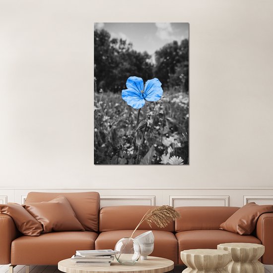 Décoration murale Métal - Aluminium - Fleurs - Zwart - Wit - Blauw - 100x150 cm