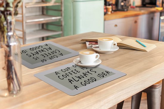 Set de table - Napperons en plastique - Café - Citations - Une tasse de café est toujours une bonne idée - Dictons - 45x30 cm - 6 pièces - Résistant à la chaleur - Antidérapant - Sous-couche - Amovible