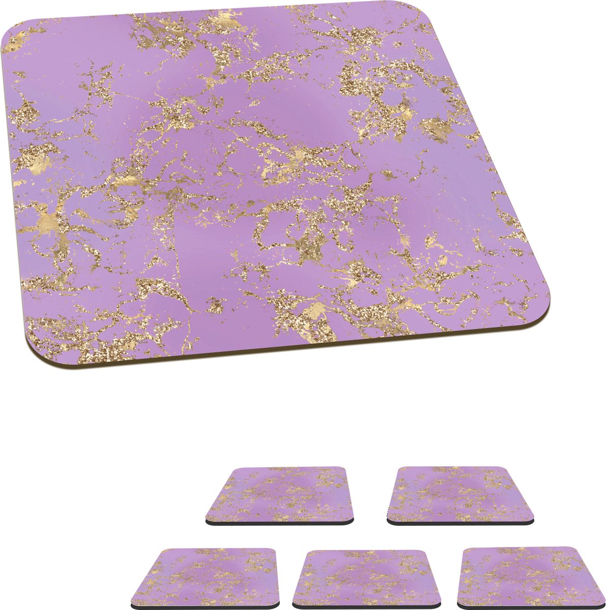 Onderzetters voor glazen - Marmer - Paars - Goud - 10x10 cm - Glasonderzetters - 6 stuks