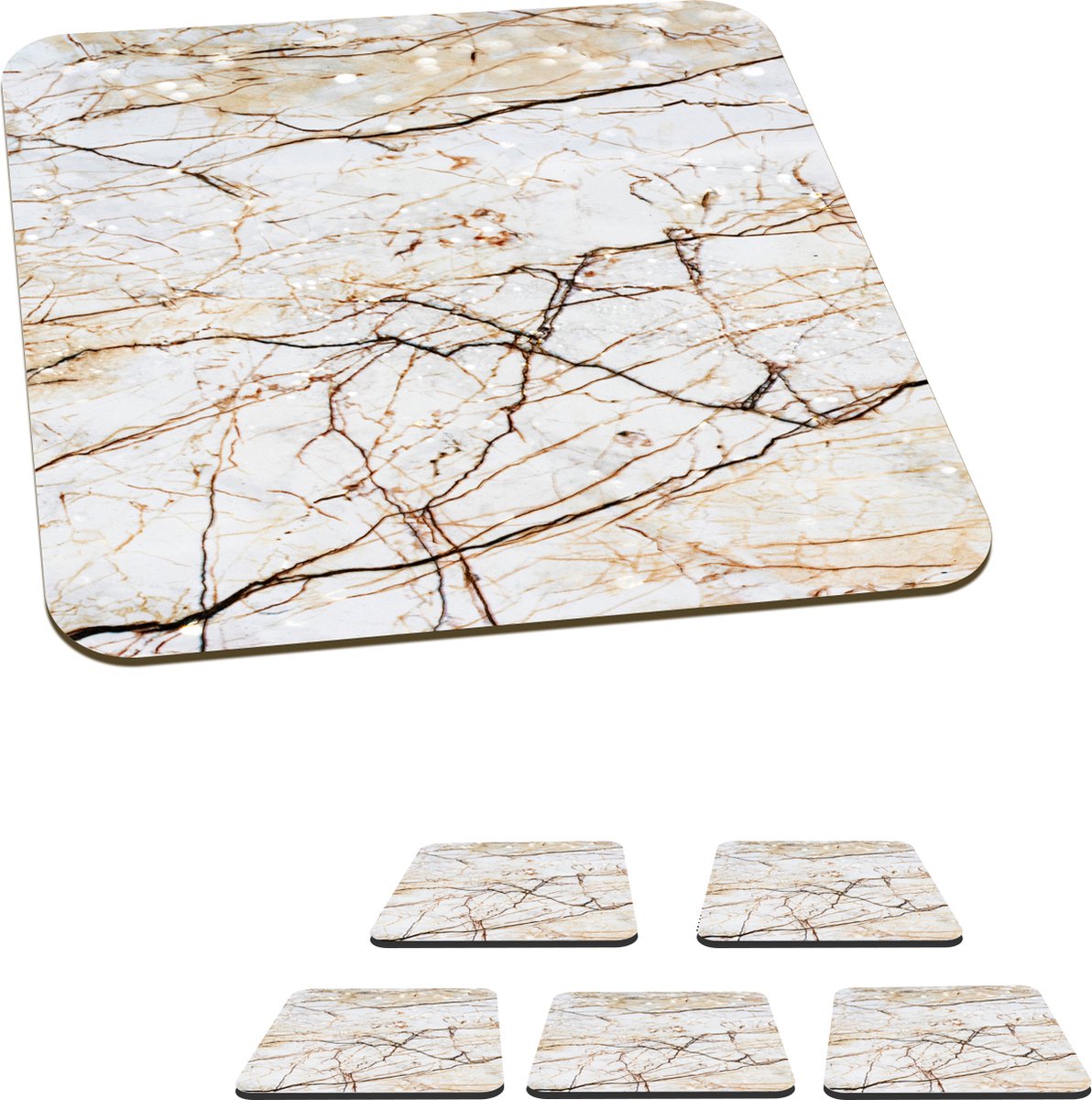 Onderzetters voor glazen - Marmer - Bruin - Wit - 10x10 cm - Glasonderzetters - 6 stuks