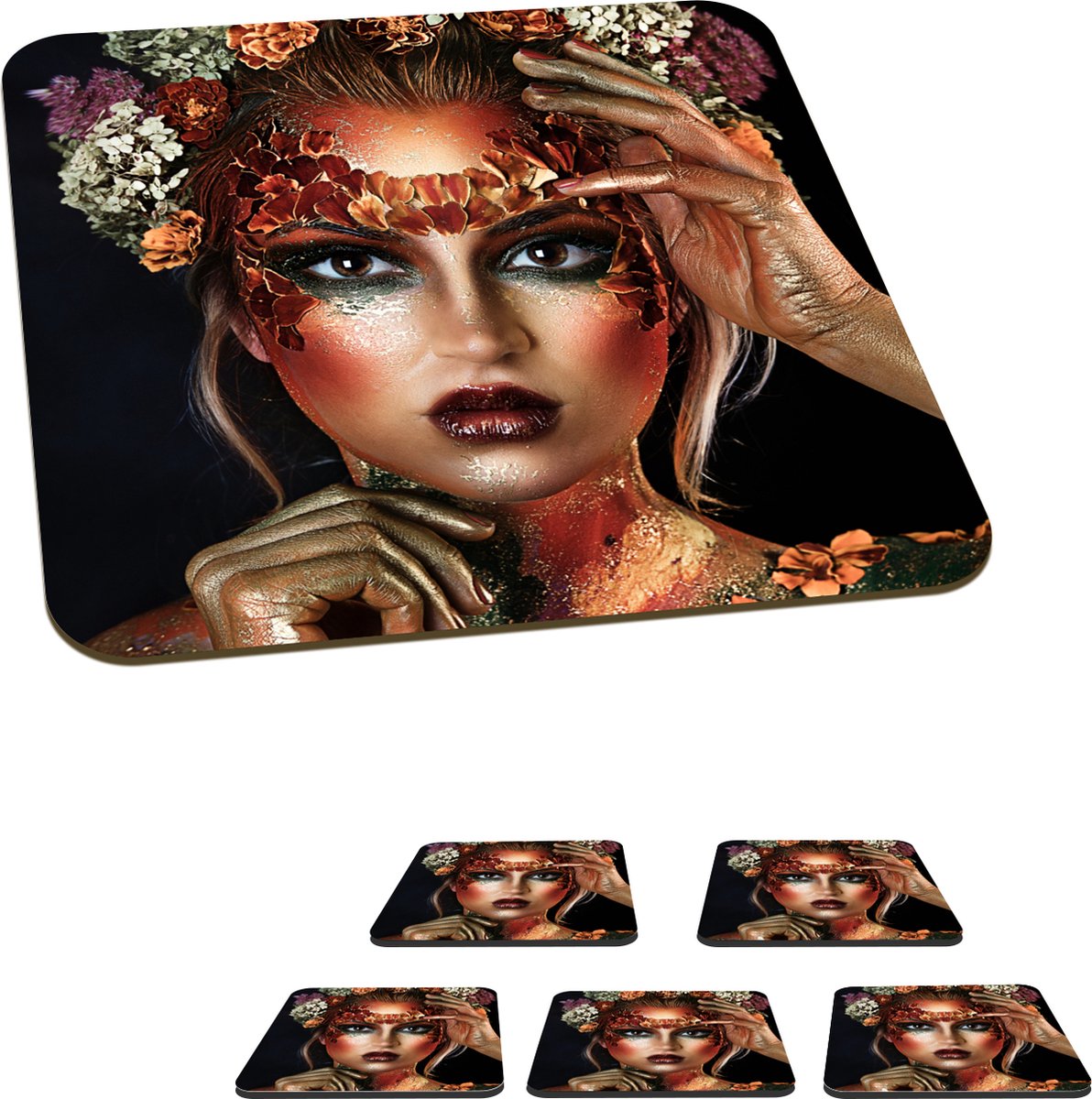 Onderzetters voor glazen - Vrouw - Bloemen - Oogschaduw - 10x10 cm - Glasonderzetters - 6 stuks