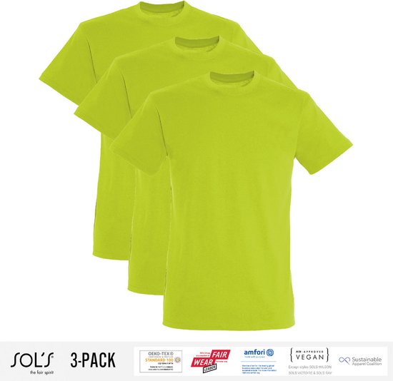 3 Pack Sol's Jongens/Meisjes T-Shirt 100% biologisch katoen Ronde hals Appel Groen Maat 130/140 (9/10 Jaar)