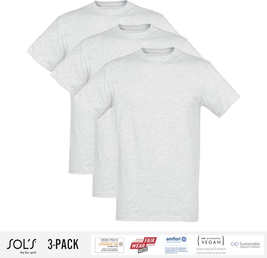 3 Pack Sol's Heren T-Shirt 100% biologisch katoen Ronde hals Ash Grey Maat L