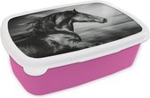 Broodtrommel Roze - Lunchbox - Brooddoos - Paard - Dieren - zwart - Wit - 18x12x6 cm - Kinderen - Meisje