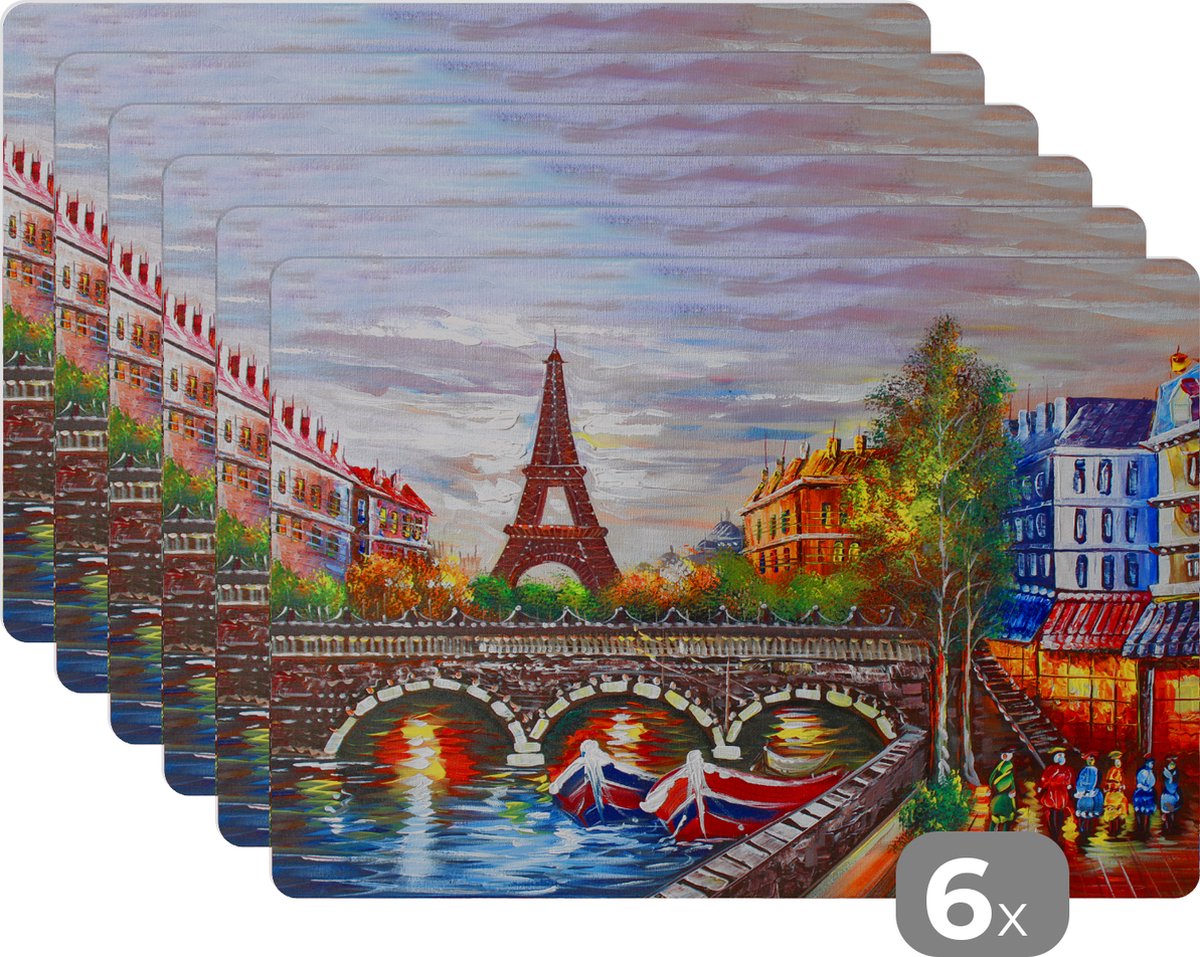 Placemat - Placemats kunststof - Schilderij - Olieverf - Eiffeltoren - Parijs - Water - 45x30 cm - 6 stuks - Hittebestendig - Anti-Slip - Onderlegger - Afneembaar