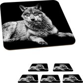 Onderzetters voor glazen - Wilde dieren - Wolf - Zwart - Wit - 10x10 cm - Glasonderzetters - 6 stuks