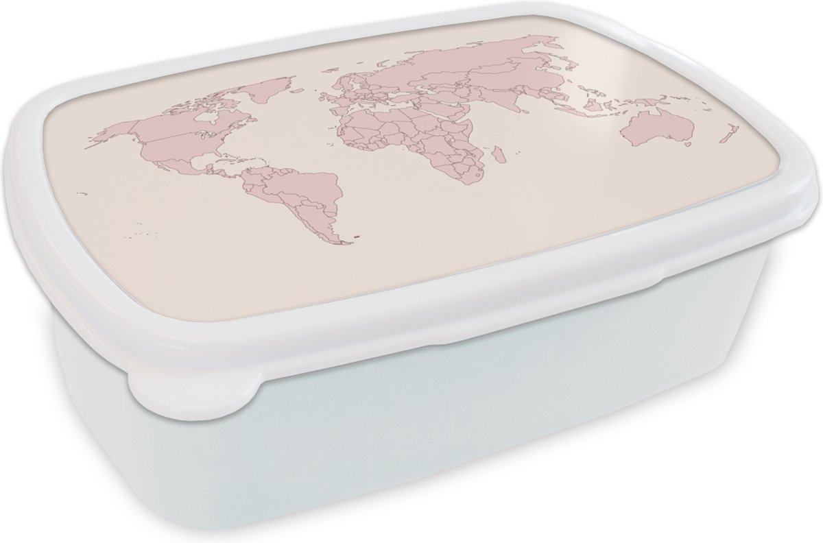 Broodtrommel Wit - Lunchbox - Brooddoos - Wereldkaart - Simpel - Roze - 18x12x6 cm - Volwassenen