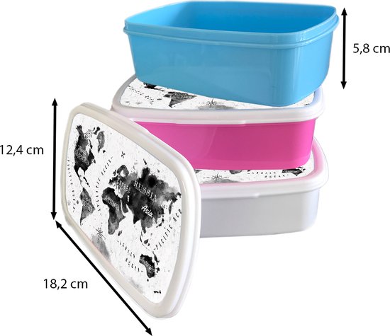 Broodtrommel Wit - Lunchbox - Brooddoos - Wereldkaart - Waterverf - Zwart - Wit - 18x12x6 cm - Volwassenen