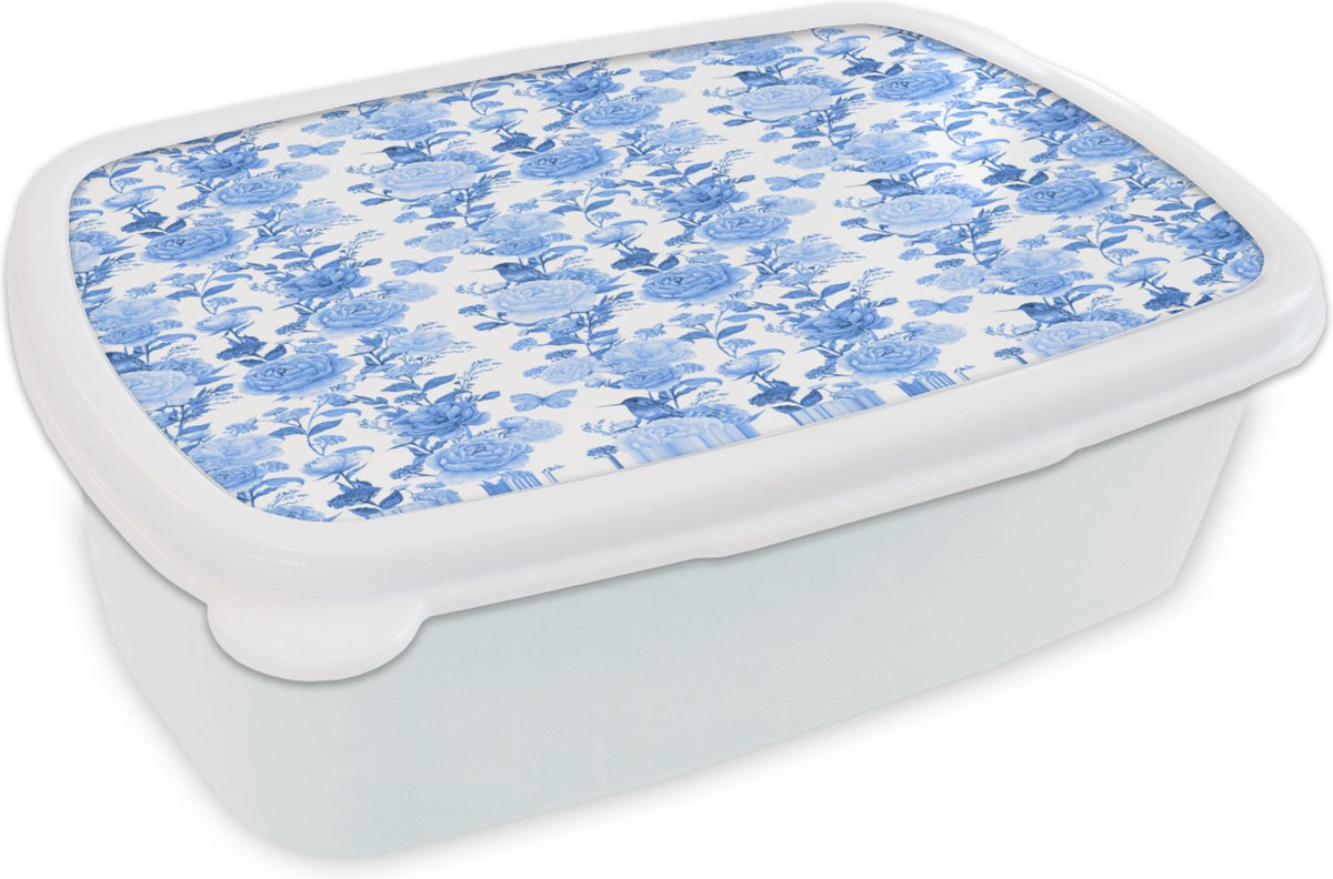 Broodtrommel Wit - Lunchbox - Brooddoos - Bloemen - Rozen - Blauw - 18x12x6 cm - Volwassenen