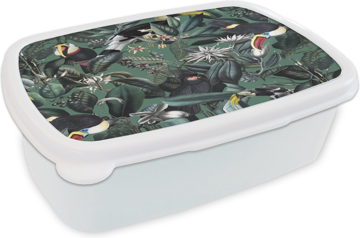 Broodtrommel Wit - Lunchbox - Brooddoos - Bloemen - Vogel- Collage - 18x12x6 cm - Volwassenen