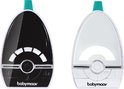 Zwarte en witte babymoov babyfoons naast elkaar, met turquoise top.