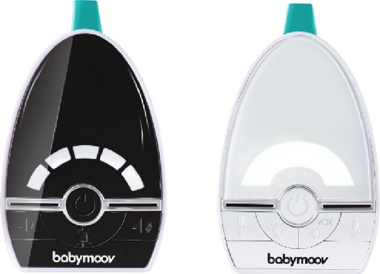 Zwarte en witte babymoov babyfoons naast elkaar, met turquoise top.