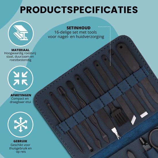 Productspecificaties van de Fritzline manicureset: 16-delig, roestvrij staal, compact en draagbaar.