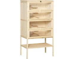 Hamsterkooi - Cavia kooi - Rattenkooi - Huisje - 2 Niveaus - Verwijderbare Lade - Met Voederstation - Zaag - Loopplank - Hutten - Hangbrug - Hout - 60 x 40 x 120 cm - Natuurlijk Hout