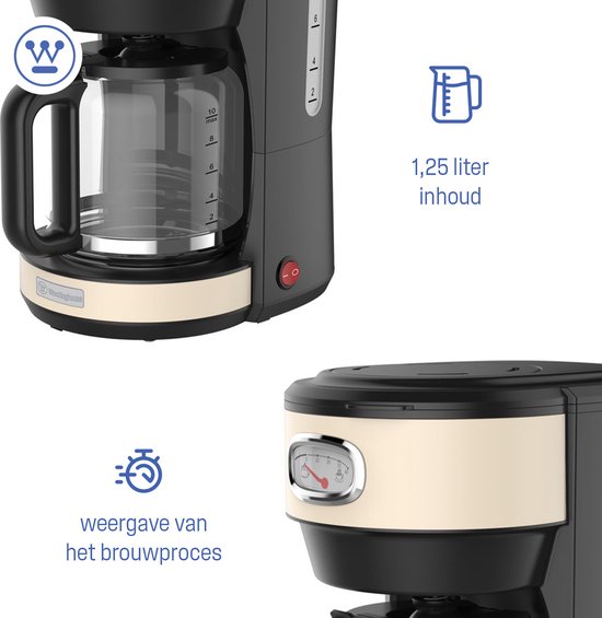 Westinghouse Retro Filter-koffiezetapparaat – Filterkoffie – Herbruikbaar Filter – 1,25L – 10 Koppen – 1000W – Beige
