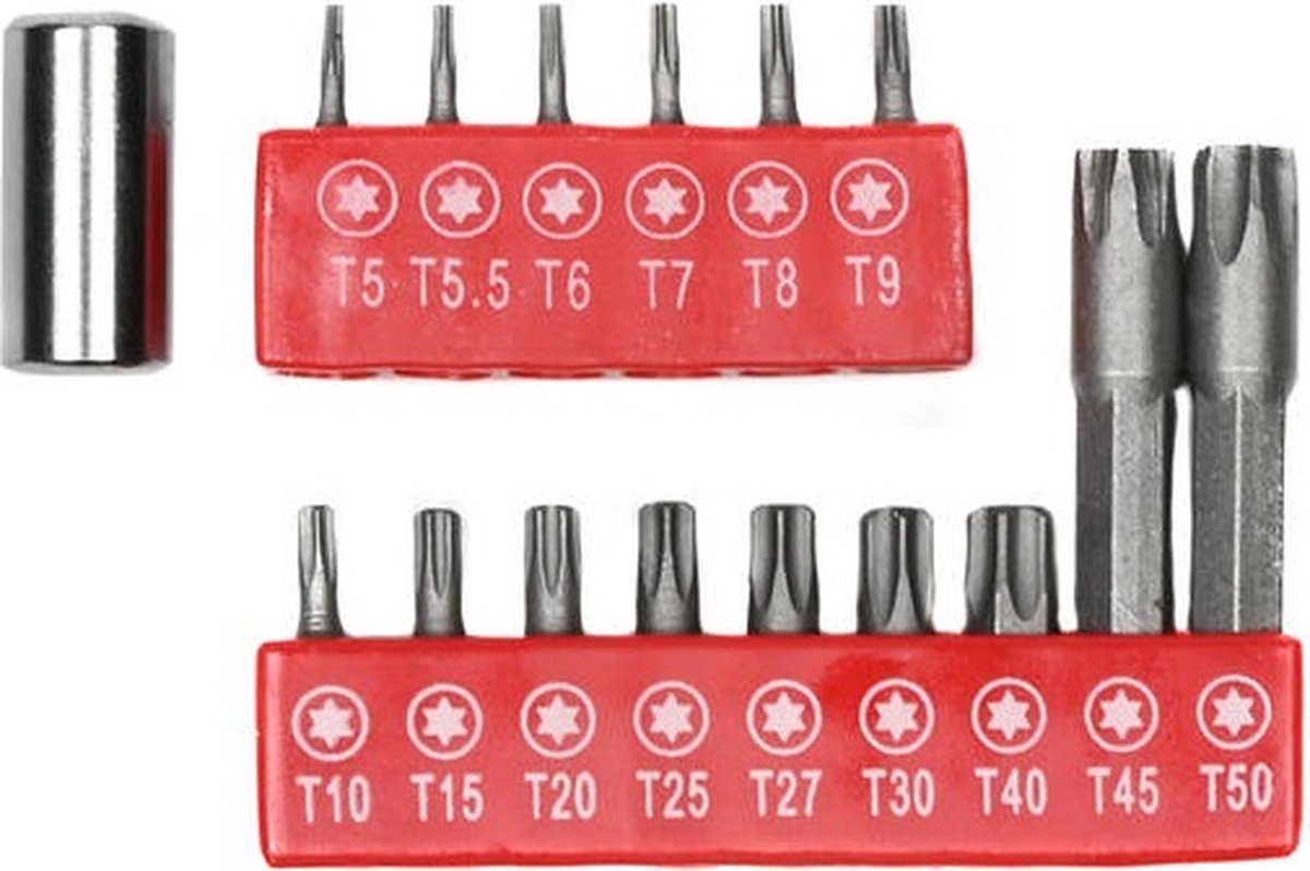 Höfftech bitset - Torx schroefbits met bithouder - bitjes Tx 5 t/m Tx 50 - 16 delig