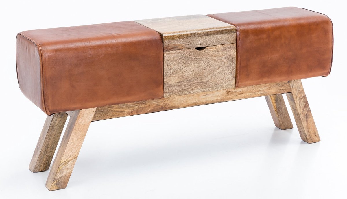 Bankje met opbergruimte (Hout & Leer) - Poef met opbergruimte - Opbergbankje - Zitbankje Slaapkamer / Woonkamer / Hal met Opslagruimte - Industrieel Bankje - Halbankje Hal Decoratie - Entree Meubilair (120 cm x 53 cm x 29 cm)