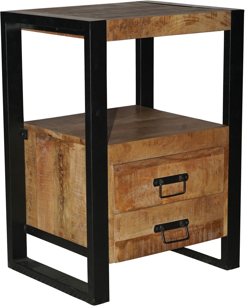 Nachtkastje met lade - Mangohout met Staal - Nachtkastjes Industrieel (Per stuk) - Bijzettafel met opbergruimte - Kastje met lades - 40 cm breed - Houten Kastje & Tafeltje met Laden - Nachtkastje Metaal & Mangohout - (50 cm x 40 cm x 70 cm)
