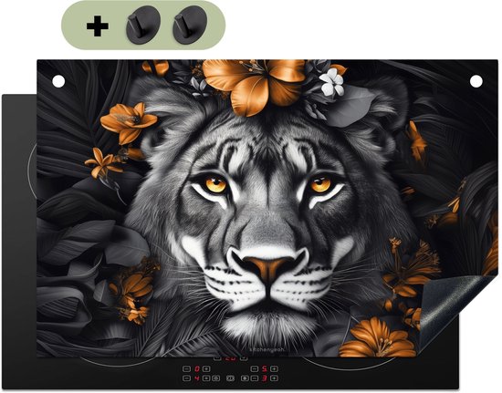 KitchenYeah® Protection plaque induction 80.2x52.2 cm - Leeuw - Zwart wit - Goud - Bloemen - Protege plaque de cuisson - Couvre plaque induction - Protecteur d'induction - Cuisine