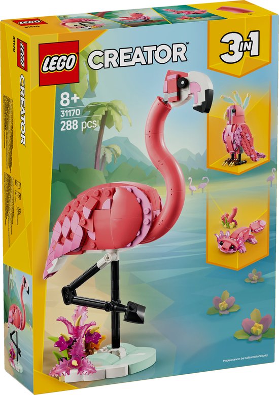 Doos LEGO Creator 3in1 31170 met een roze flamingo, papegaai en axolotl.