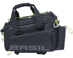 Basil Miles XL Pro Trunkbag 9-36L Black/Lime Waterdicht Met MIK Adapterplaat Uitklapbare Zijtassen Helmhouder Bidonvak E-bike