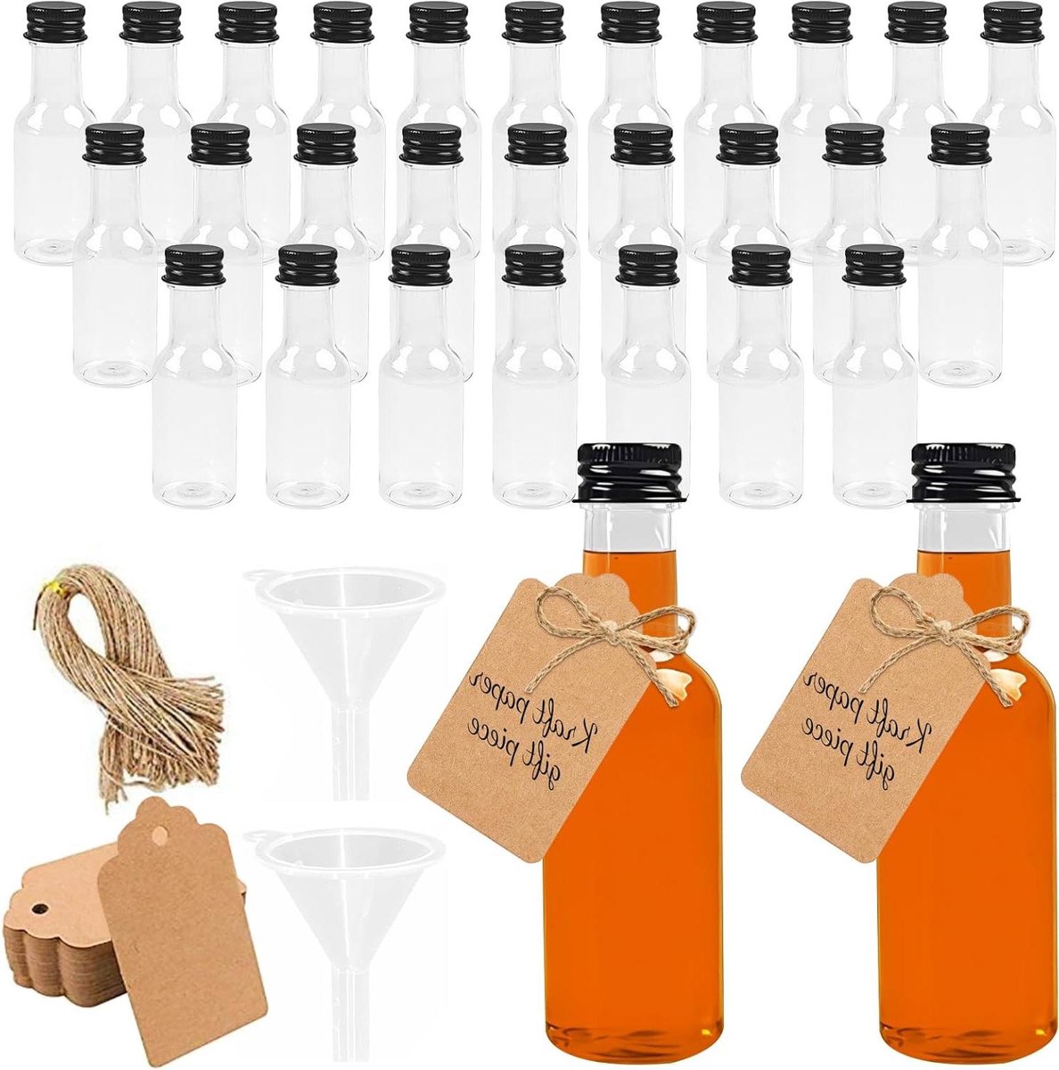 Image of 24 stuks 50 ml kunststof shotflessen met zwarte deksel en trechter - Herbruikbare mini-flesjes voor etherische oliën en whisky