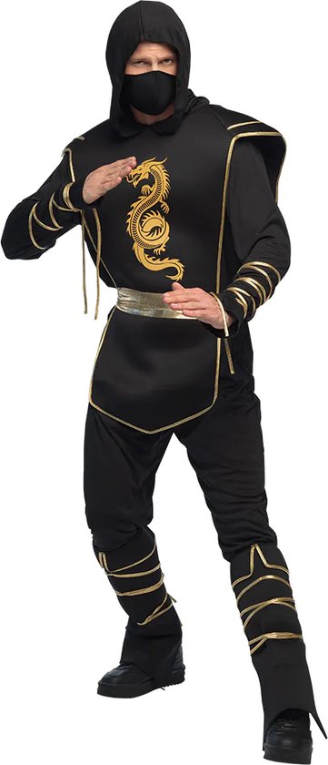 Zwart ninjapak met gouden draakprint op de borst, gouden ceintuur en banden om armen en benen. Met bijpassende capuchon en masker.