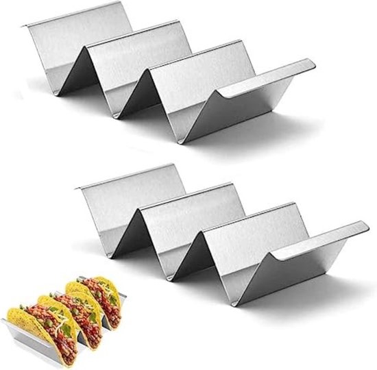 Taco-houder, set van 6 roestvrijstalen taco-standaard, gebakken taco-rek met handvat, elk rek biedt plaats aan maximaal 2 taco's, oven-, grill- en vaatwasmachinebestendige taco-houders (set van 6