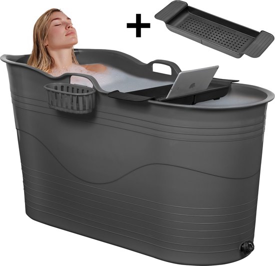 LIFEBATH - Zitbad Mira - Bath Bucket XL - Met badrek en kraan - Icebucket 230L - Wim Hof Methode - Ijsbad - Ice Bath - Ligbad 122 cm - Dark grey