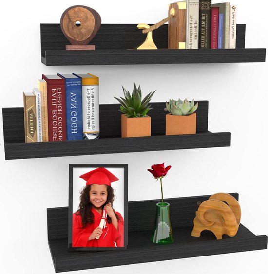 40 cm Zwevende Planken Voor aan de Muur, Set van 3 in Ebbenhout Zwart, Moderne Rustieke Stijl, Wandgemonteerde Displayplanken, Schilderijlijsten van Icona Bay