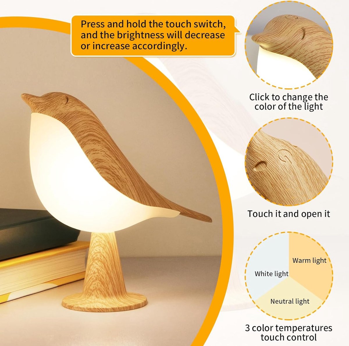 vogel LED-tafellamp met aanraakdimmer - draadloze lamp met oplaadbare batterij - aromatherapie tafellamp - 3 helderheidsniveaus - voor slaapkamer, woonkamer, kantoor(esdoorn) thumbnail 6